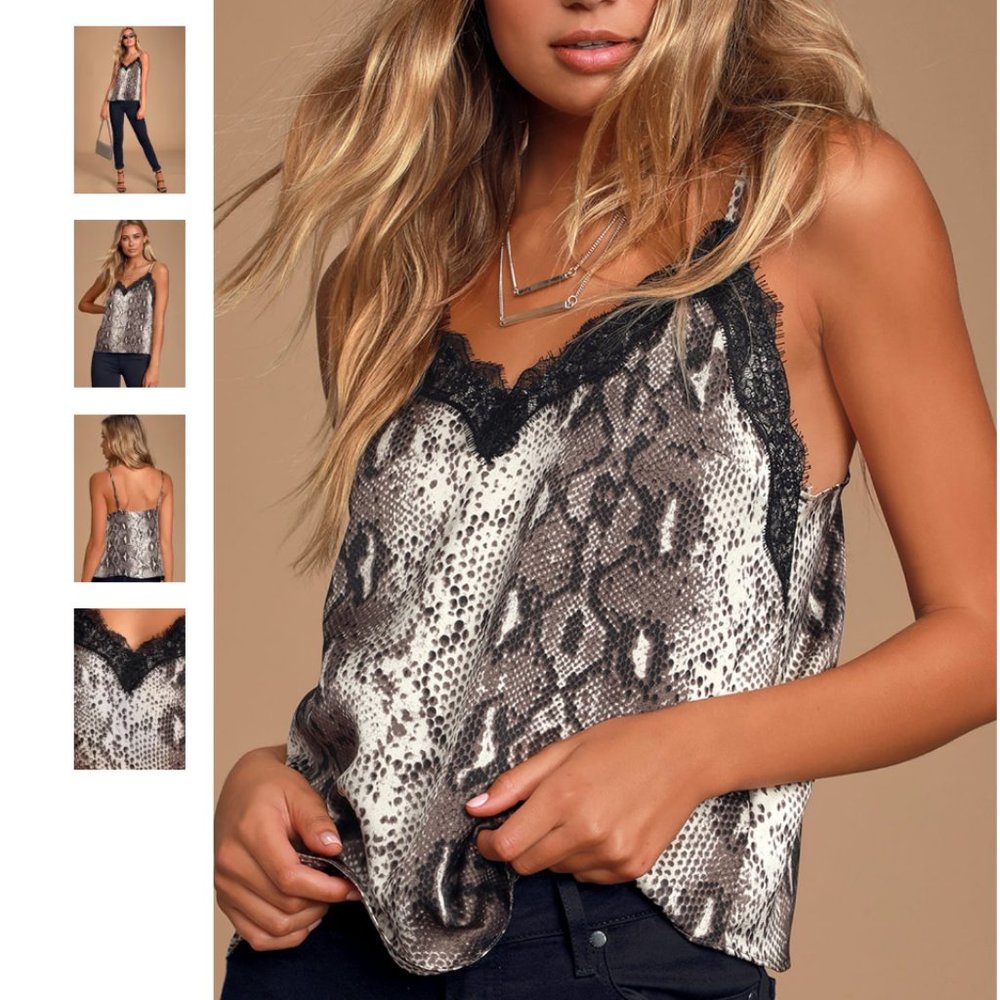 LuLus LUSH Brag About It Taupe Snake Print Lace Cami Top